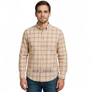 Ben Sherman Plaid Button Down Shirt Ivory Tan Speckled Long Sleeve Cotton Size M